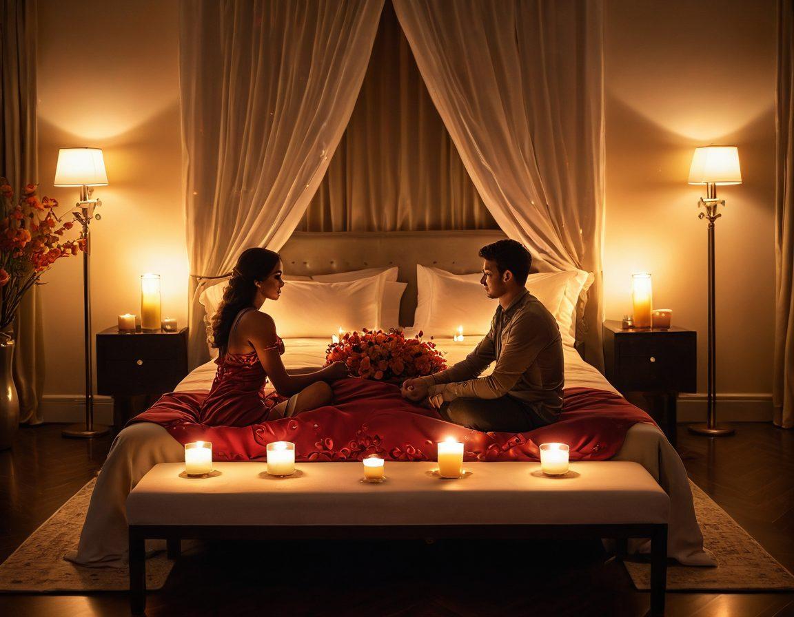 A lavishly decorated intimate setting with soft, ambient lighting, featuring elegant pillows and luxurious fabrics. Silhouettes of a couple sharing a passionate moment, representing trust and connection. Subtle hints of sensuality with flower petals and candles, creating a warm, inviting atmosphere. The overall tone is seductive yet tasteful, emphasizing comfort and exploration. super-realistic. warm colors. soft focus.