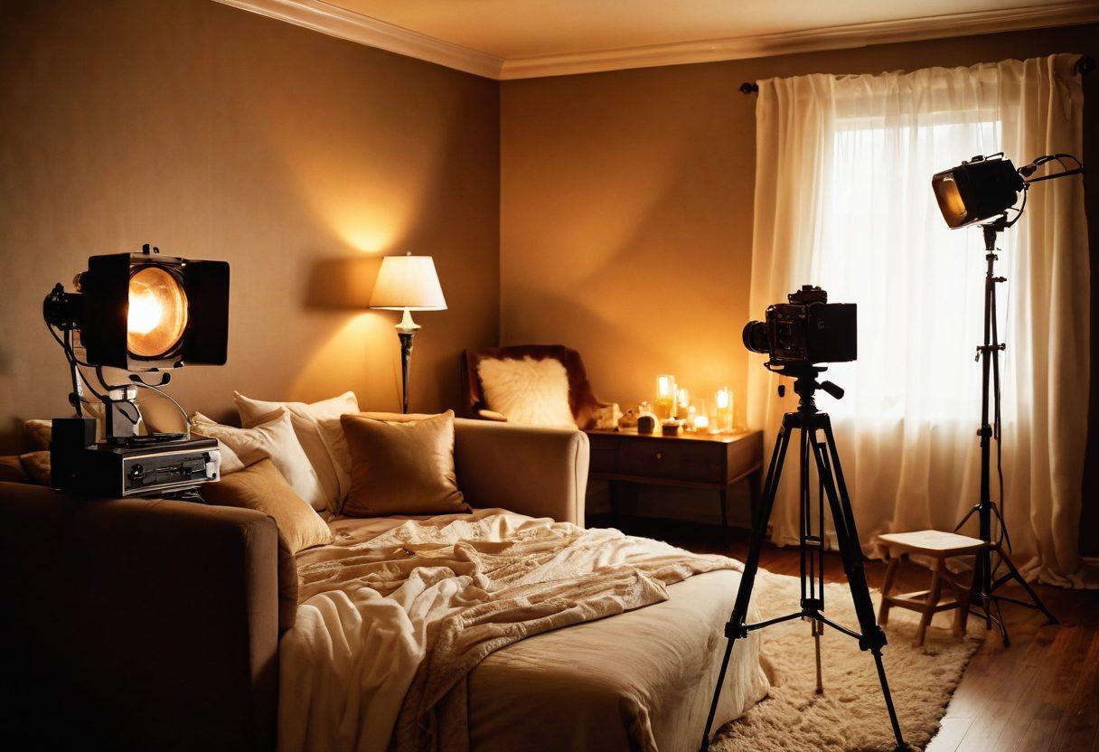 A cozy, intimate setting featuring a softly lit room with plush furnishings and warm colors. Elements like a camera on a tripod, romantic candles, and a vintage film projector in the background, suggesting a creative and personal atmosphere. Subtle hints of adult themes portrayed tastefully, like silk sheets and playful props. The scene exudes a sense of passion and creativity, inviting viewers into the world of homemade video production. super-realistic. warm tones. soft focus.