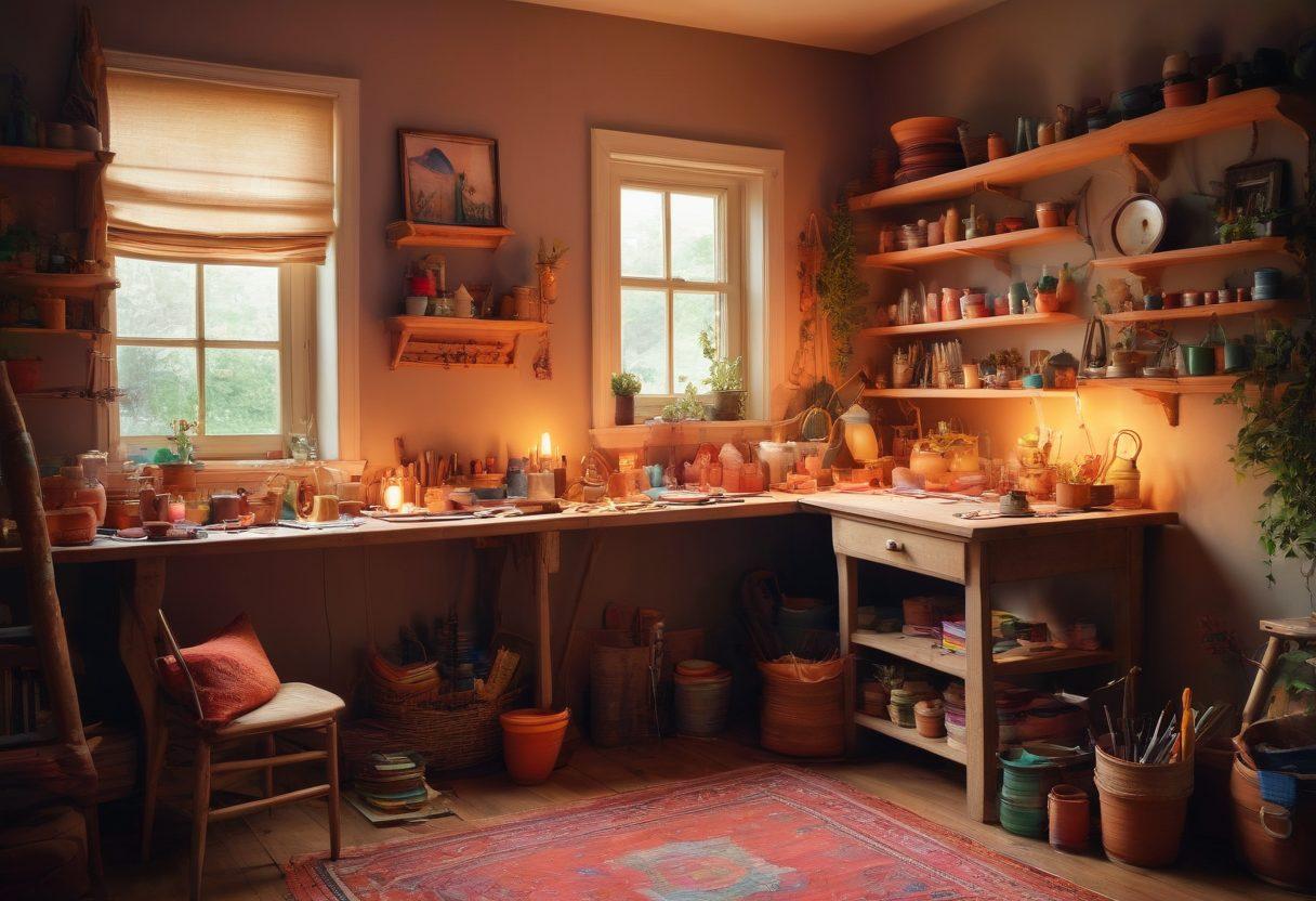 A whimsical and artistic representation of a cozy DIY space filled with colorful tools and materials related to homemade crafts, emphasizing a playful atmosphere. Include soft lighting, vibrant colors, and unique decorative items that hint at creativity, such as handmade pottery and fabric swatches. The scene should exude warmth and inspiration, inviting visitors to explore and create. vector art. vibrant colors. cozy ambiance.